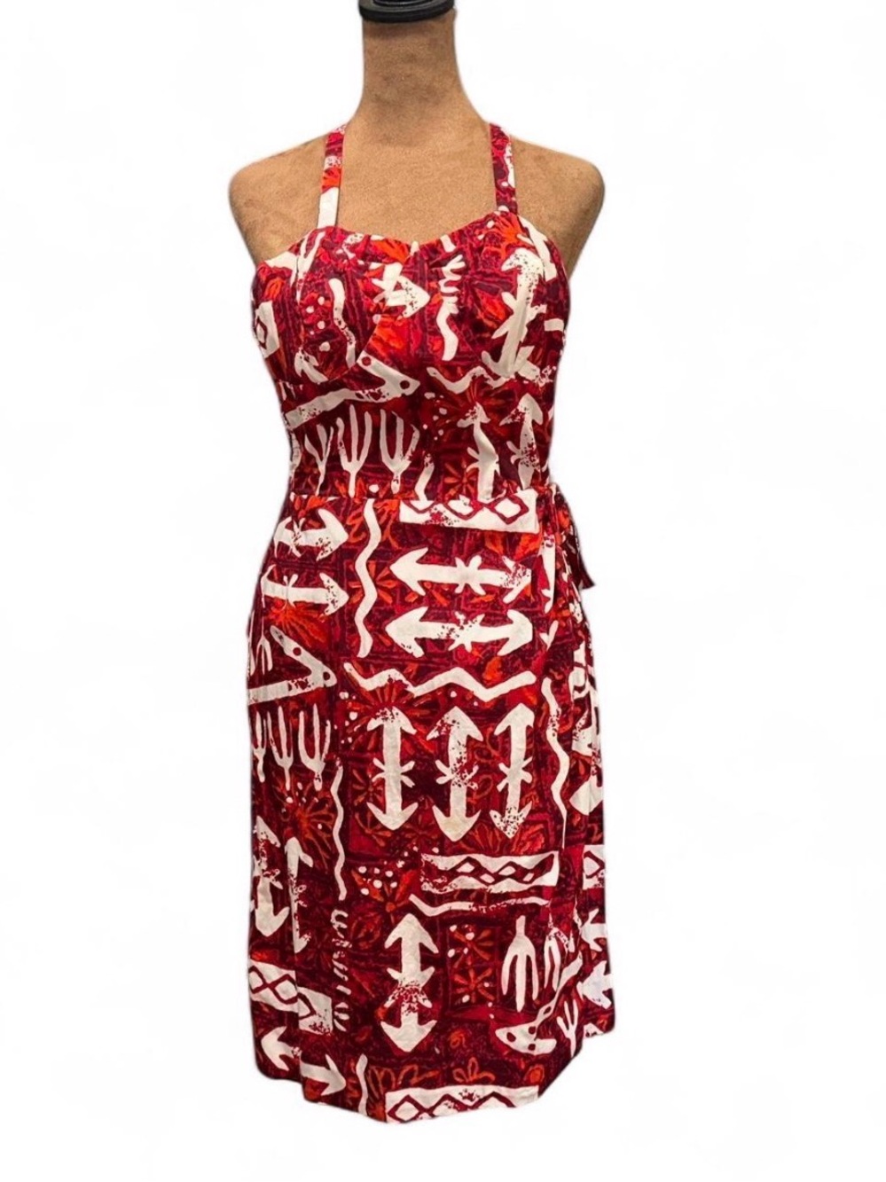 True Vintage Red Printed Alfred Shaheen Hawaii Halter Tiki Sundress
